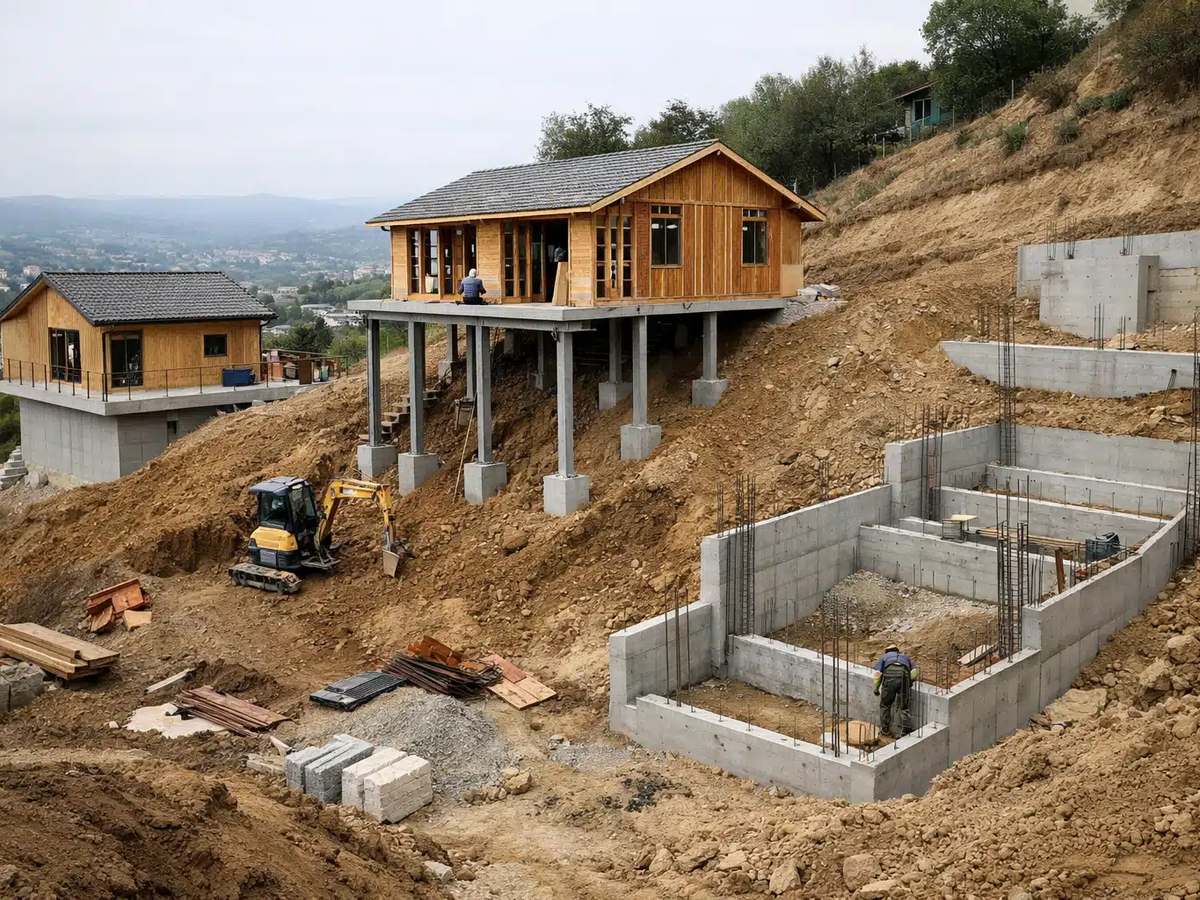 Pelle mecanique realisant une plateforme de maison en pente